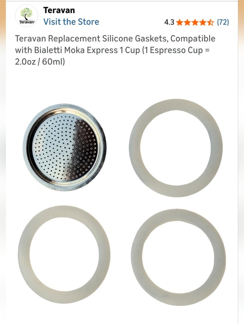 Teravan Replacement Silicone Gaskets Compatible with Bialetti Moka Express 1 Cup
